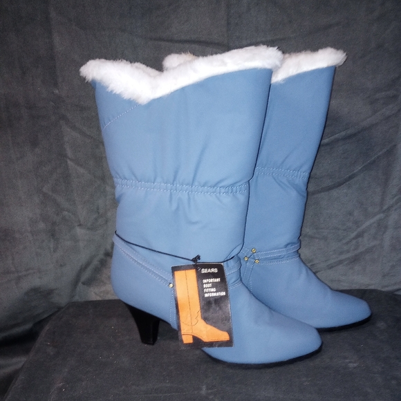 Vintage 80s Sears Light Blue Faux Fur Lined Winter Boots Size 8 Excellent Condit - Picture 1 of 10